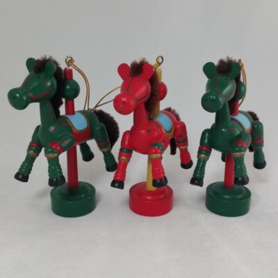 Carousel Horse Christmas Ornaments Red Green Lot Of 3 Plastic