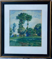 Gouache Paul Papst Halle Painting Frame Trees on the Shore Waters Summer Antique