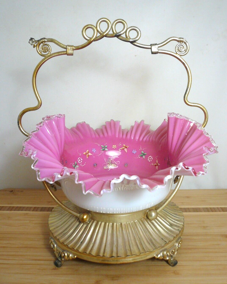 Victorian Meriden Silver Plate Brides Basket + Pink Ruffled Cased Victorian Meriden Silver Plate Brides Basket + Pink Ruffled Cased