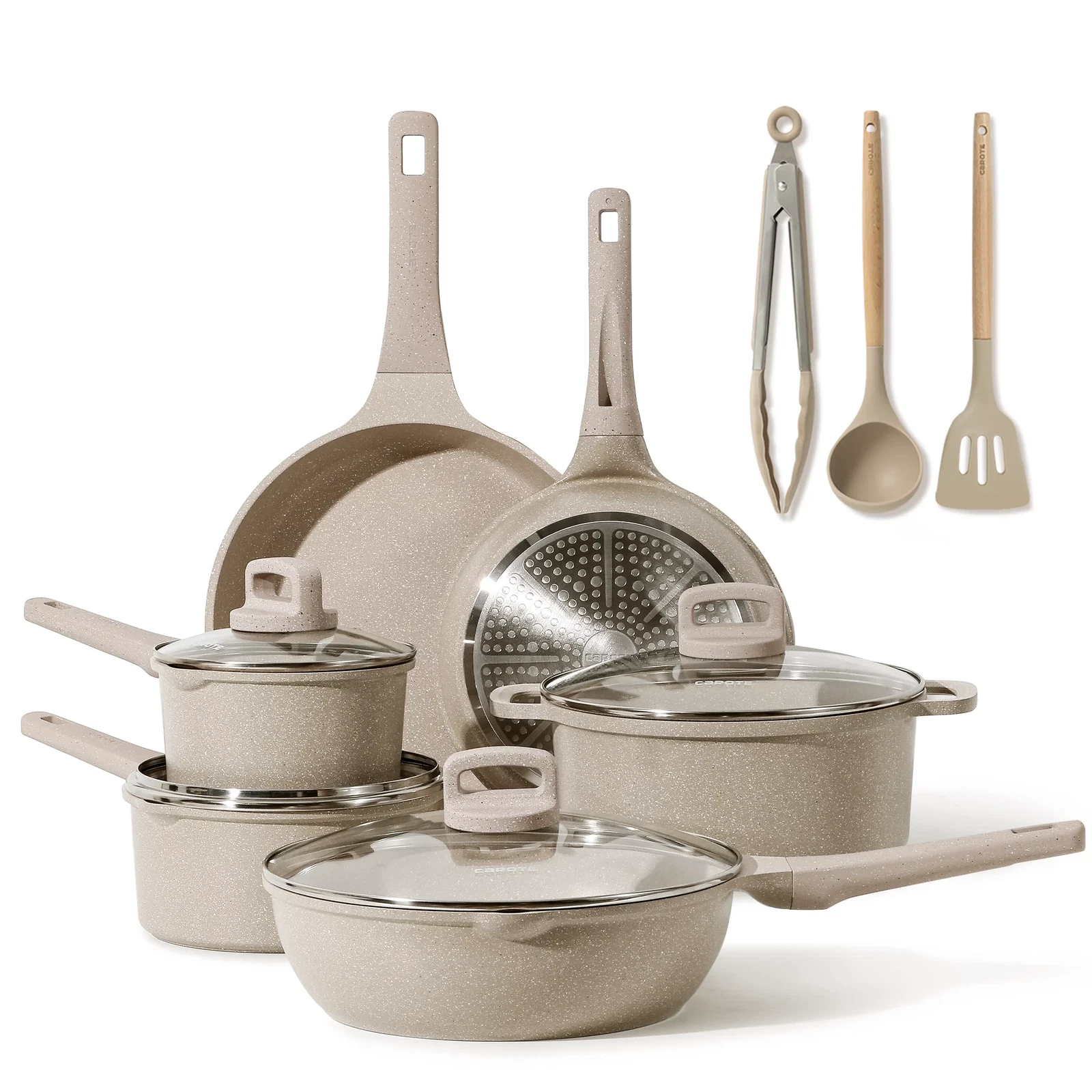 Nonstick Pots and Pans Set, 13 Pcs Induction Kitchen Cookware Sets(Taupe Granite
