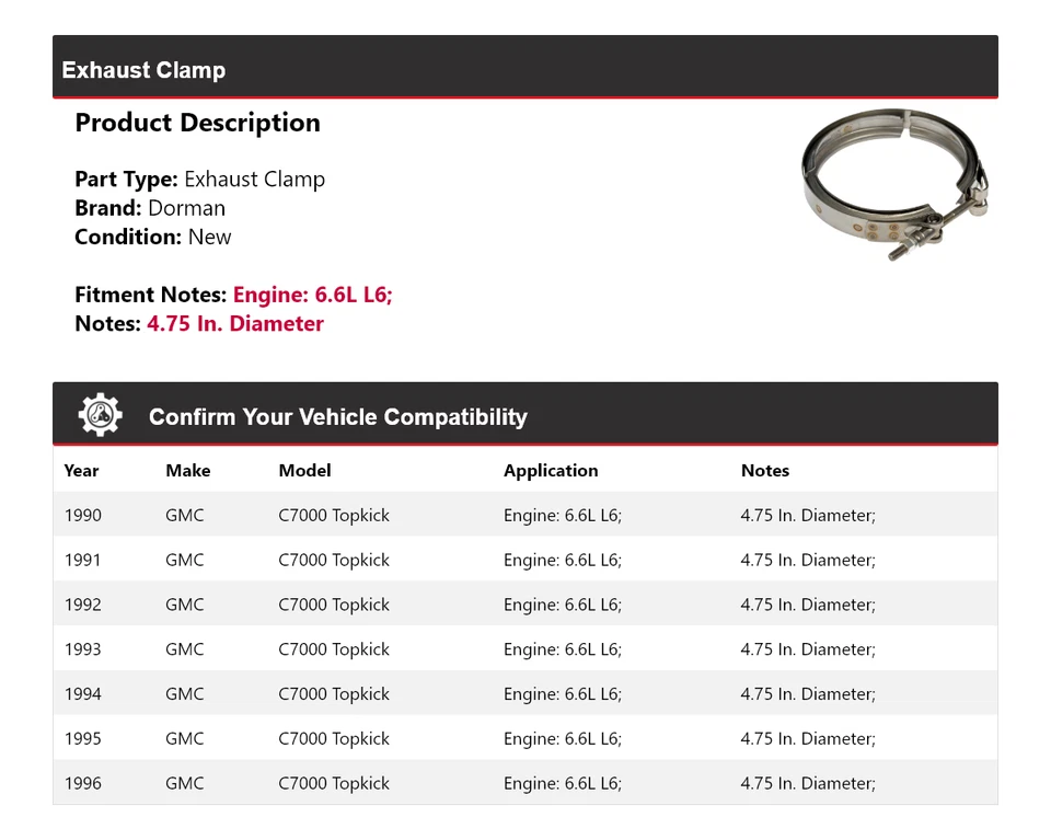 Зажим выхлопной системы для 1990-1996 GMC C7000 Topkick 6,6 л L6 Dorman 1991 1992 1993 - Изображение 2 из 4