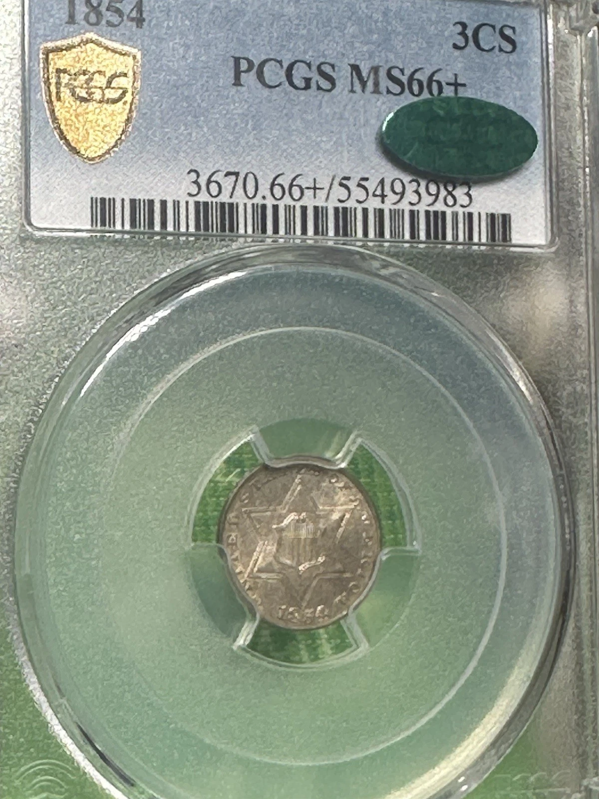 1854 Silver Three Cent   PCGS MS-66+ CAC Bids 18,000 In 67