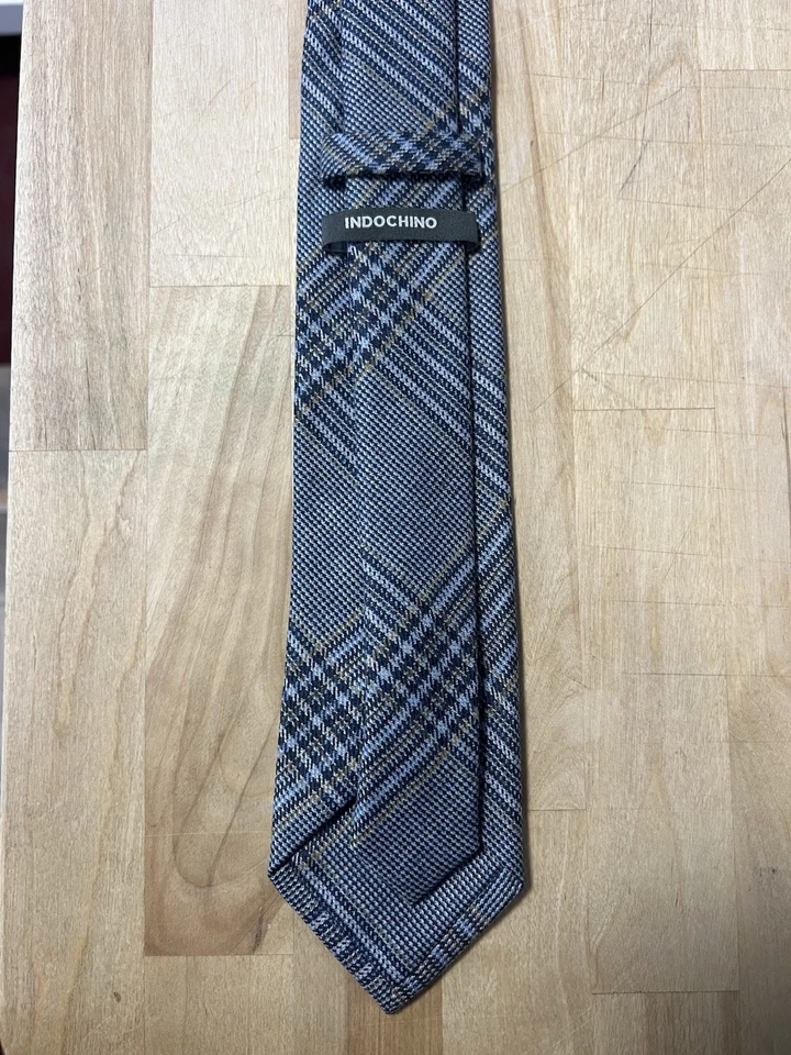 Nova gravata xadrez de lã Indochino Glen azul cinza e xadrez dourado - 100% lã - Imagem 4 de 4
