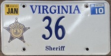 2010 Virginia Sheriff License Plate Police Obsolete Expired