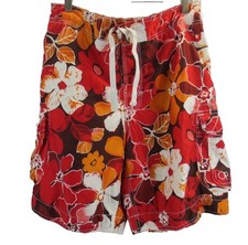 OP Mens M 32-34 Swim Trunks Board Shorts Hawaiian Orange Floral Mesh Lined Beach