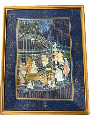 Miniature Style Indian Persian School Silk Painting Court Scene Artist Signed  