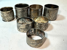 7 VICTORIAN ANTIQUE SILVER PLATED NAPKIN RINGS TINY JOSIE KATIE -FREE SHIP
