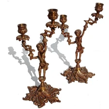 Vintage Pair of Torchère Figural Hollywood Regency Brass Candlesticks