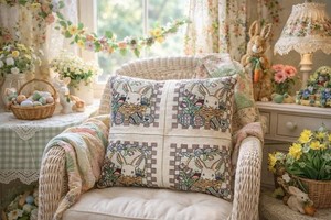 VTG Needlepoint Tapestry Four Window Bunny Easter Pillow, 11.5x11.5” Grannycore