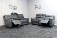 Donald Grey Leather Electric / Power Reclining Sofa Range Suite Set With Drinks