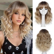 Short Wavy Wig with Bangs for Women Natural Curly Wavy Wig 16inch