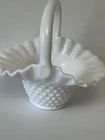 Vintage Fenton Hobnail Milk Glass Footed Handled Basket Collectors Home Decor