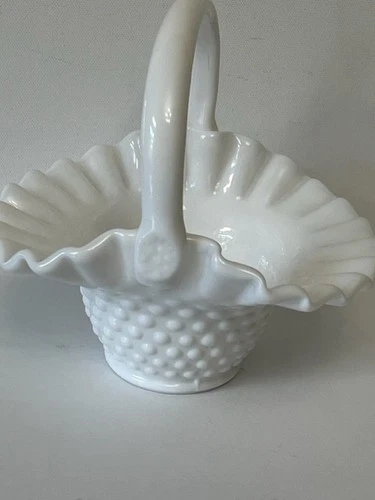 Vintage Fenton Hobnail Milk Glass Footed Handled Basket Collectors Home Decor