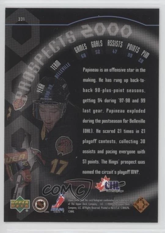 1999-00 Upper Deck Prospects 2000 Justin Papineau #331 - Image 2 of 2