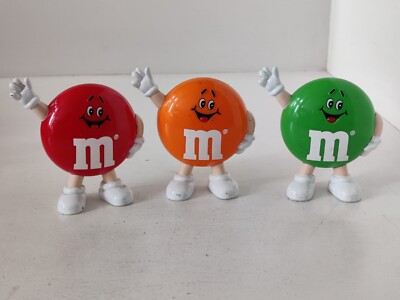 Vintage 1991 M&M's Mini Dispenser's Green Orange Red Waving 8 cm High Set of 3