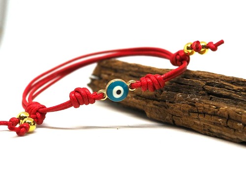 2 Pulseras Ojo Turco con hilo rojo de algodón ajustable con nudos - Imagen 3 de 4