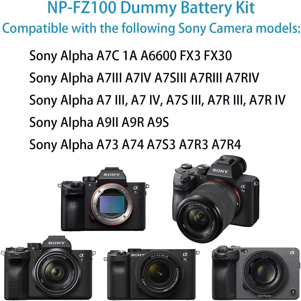 NP-FZ100 Dummy Battery AC Power Adapter Kit for Sony Alpha A7III A7IV A7C A7SIII