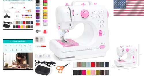 Beginner-Friendly Sewing Machine - Pink/White 42 Piece Kit with Carrying Handle - Picture 2 of 9