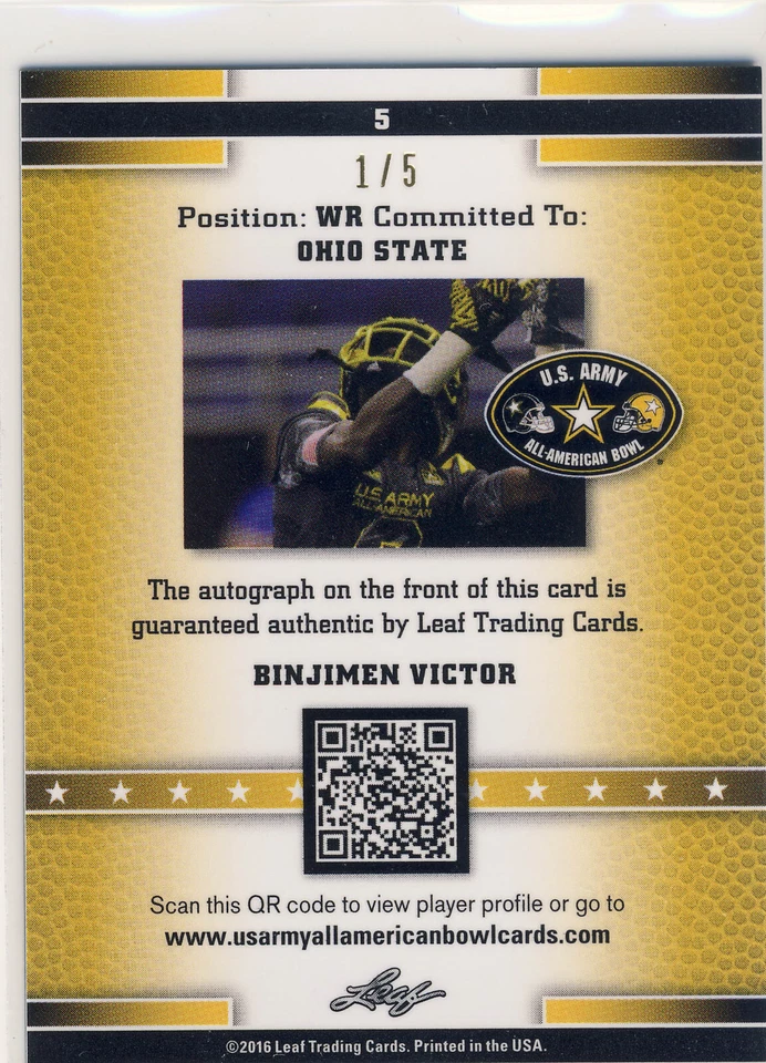 BINJIMEN VICTOR 2016 Leaf Metal Army All American Black Flag AUTO /5 RAVENS - Image 2 of 2