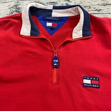 Tommy Hilfiger Vtg 90s Y2K Flag Logo 1/4 Zip Pullover Sweatshirt Red XL