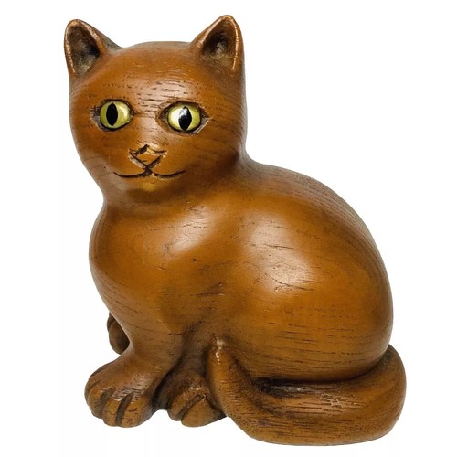 Solid Wood MCM Cat Vintage Kitty Hand-Carved PRIMITIVE Flat Back Bookend 7"