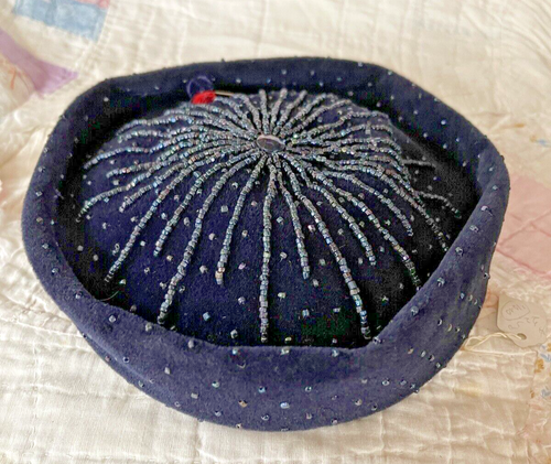 Vintage Flechats France Navy Blue Beaded Wool Felt Half Hat Size 22 - Picture 4 of 9