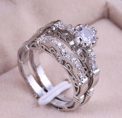 Luxury Flower Carved Wedding Ring Set 925 Silver Plated Valentine Ring 2 Ct CZ