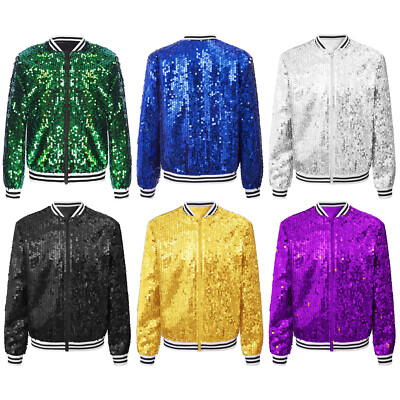 US Kids Girls Outerwear Sparkly Coat Front Zip Up Baseball Jackets Hip-Hop Shiny