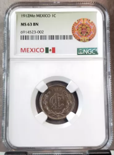 1912 MEXICO 1 CENTAVO NGC MS 63 BN SCARCE MINT STATE COIN