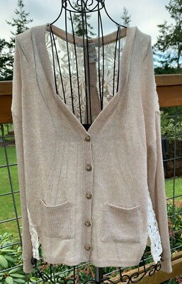 American Rag Beige Tan V-Neck Button Down Cardigan w/Lace Back size Medium