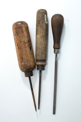 3 Primitive tools Scratch Awl Lot - Vintage Wooden Handle Collection