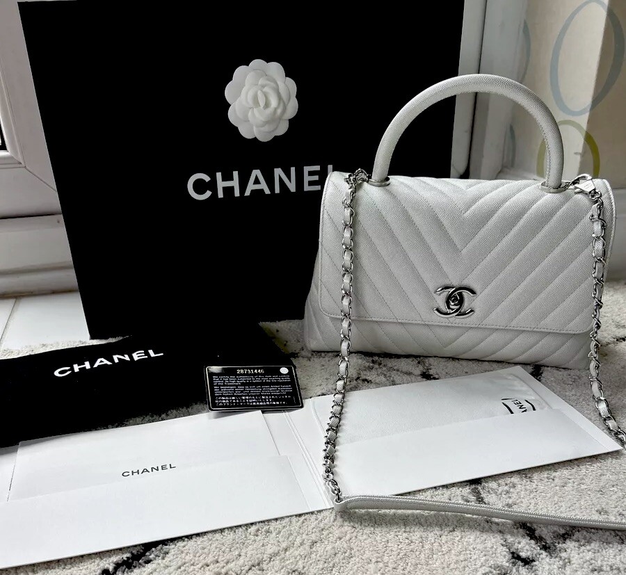 Genuine Coco Chanel Handle Bag In White Iridescent Caviar Leather