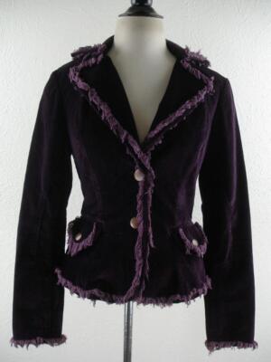 Women's 4 Cache Caché Purple Velvet Smoking Jacket Blazer Fringe Sport Suit Coat