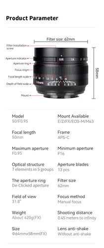 7artisans 50mm F0.95 APS-C MF Large Aperture Objektiv für Nikon Sony Canon M43 Fuji - Bild 6 von 16