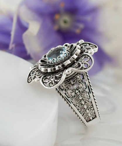 Sterling Silver Filigree Art Malachite Gemstone Women Daisy Cocktail Ring - Bild 20 von 36
