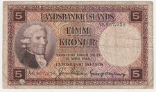 Iceland 5 Kronur Banknote 1928 Fine Condition Pick#27-B