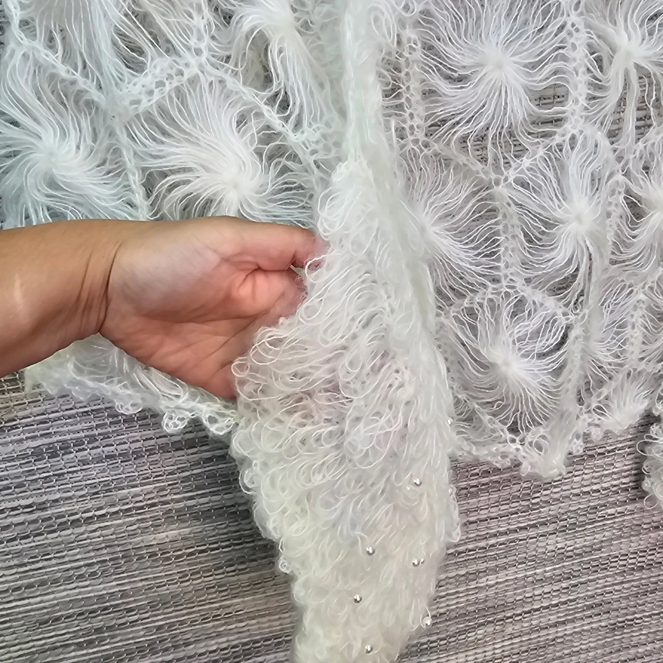 Mantón de encaje tejido ganchillo vintage hecho a mano acrílico mohair perla boda bohemia Foto 4 de 4