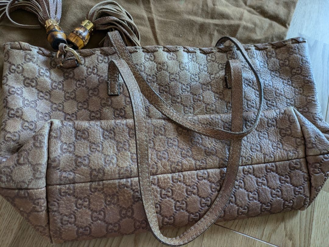 GUCCI Large GG Pattern Tote Bag Brown Leather Authentic