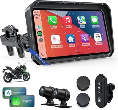 6.25'' Motorcycle GPS Navigator Wireless CarPlay Android Auto with HD Camera IP67
