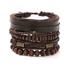 SET OF 4 BROWN PUNK ALLOY PU LEATHER UNISEX BRACELET