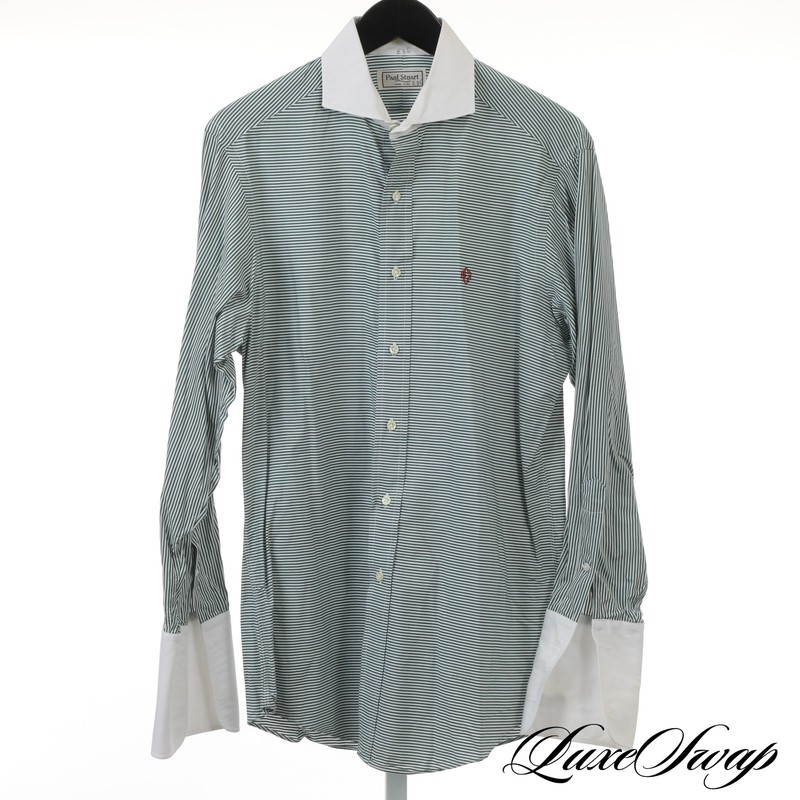 Vintage Paul Stuart Made in USA White Green Candy Stripe Contrast Collar Shirt