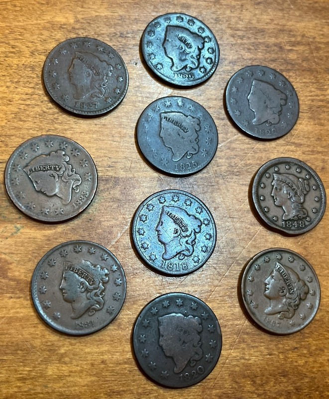 10 Coronet Matron Head Braided Large Cents 1818-1848 Lot Of Old US Copper Coins