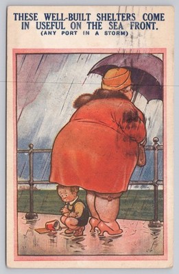1929 Comic Postcard Large Woman Sheltering Boy Rain Seashore Bamforth No. 1144