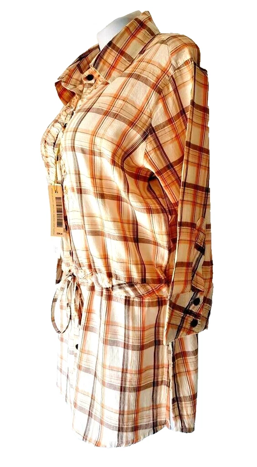 POMPELMO Womans Beige Pleated L/S SHIRTDRESS Shirt Front Waist Tie - S - Image 4 of 4