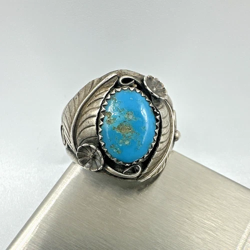 Vtg Navajo Old Pawn Sterling Silver Turquoise Men’s Ring Sz 12.5 Gorgeous Detail