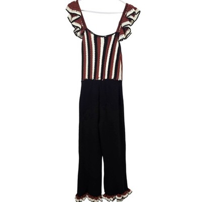 Zara Womens Size Small Crochet Jumpsuit Knit Ruffle Sleeve Hem Striped Red Black
