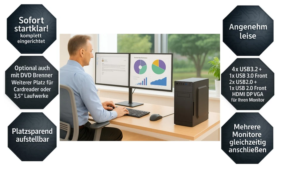 Intel Windows 11 PC System, Office Computer 16GB DDR4, 500GB M.2 SSD, leise|WLAN - Bild 2 von 4