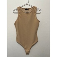 Missguided Sleeveless Bodysuit Tank Top Ribbed Beige Neutral Everyday Casual, 10