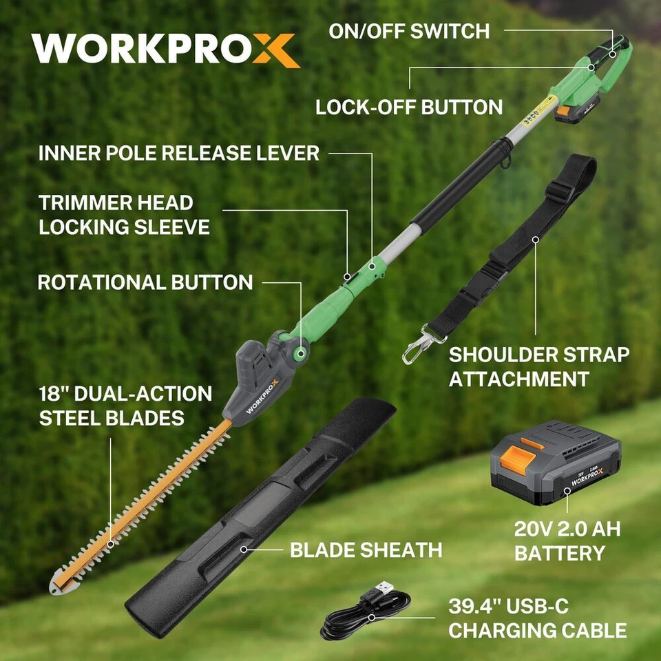 WORKPROX NEW 20V Cordless Pole Hedge Trimmer 18" Dual Action Blade 9.2feet Reach - Image 3 of 4