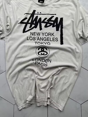 Vintage Stussy World Tour Graphic T-Shirt White Logo Print Mens